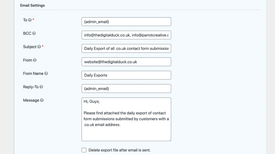 Entry Exporter for Gravity Forms 9 Entry Exporter for Gravity Forms settings